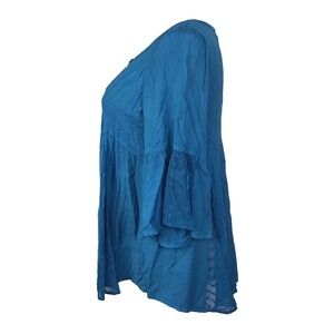 Women's Plus Size 26 Boho Denim Lace Henley Top 3/4 Bell Sleeves Festival Fairy